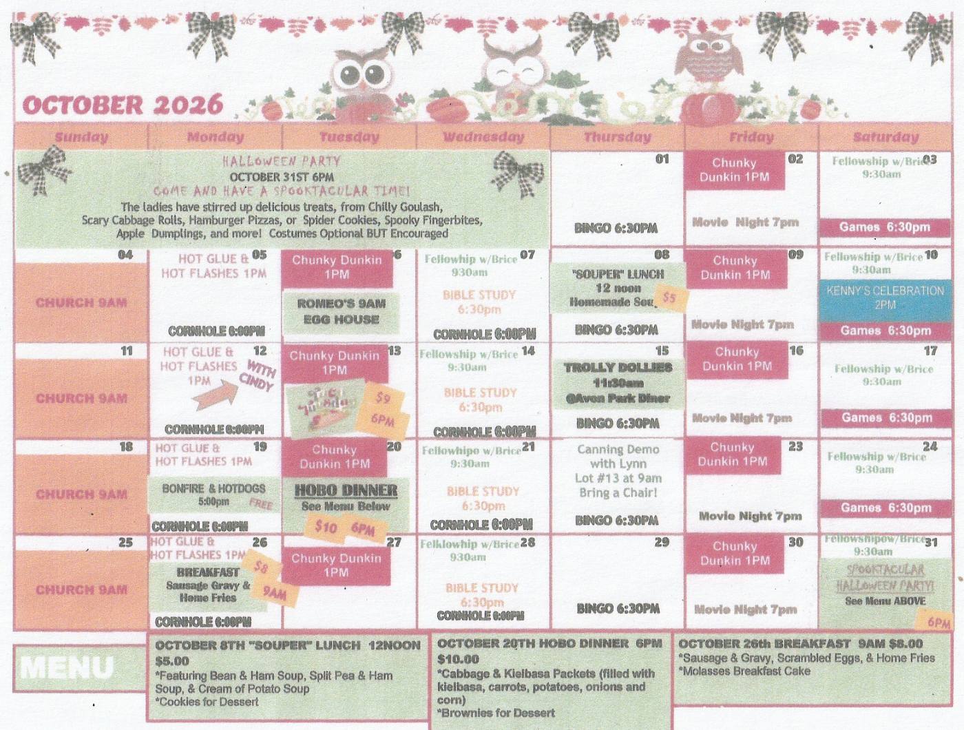 Lake Wales Campground October 2026 activities calendar with bingo, cornhole, church, movie nights and a Halloween party